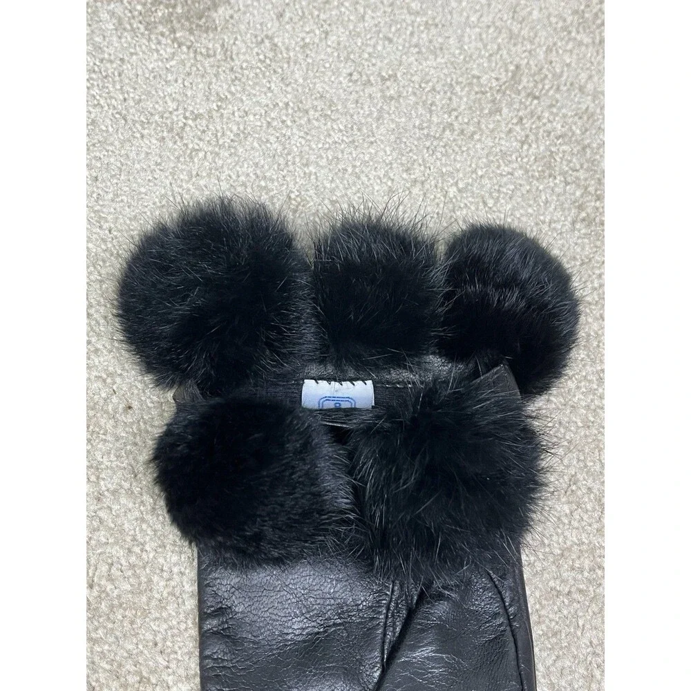 VTG Fownes Sz 8 Black Leather Gloves Unique 5 Fur Pom Cuffs WPL 9522 Luxury